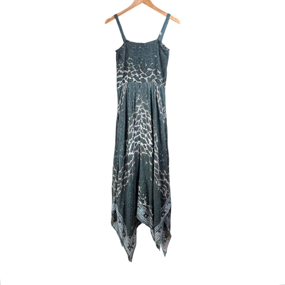 Soft Surroundings TALL Gray Teal Leopard Smocked Cotton Handkerchief Midi Dress - Picture 10 of 12
